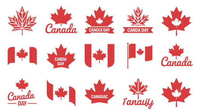 Collection of red canada day icons with typography maple leaves and patriotic flag signs.