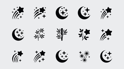 Celestial vector collection showcasing moon phases shooting stars and floral vegetation. © Tuli