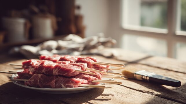 Raw marinated meat skewers on a white plate with a basting brush next to them on a rustic wooden table in soft natural kitchen light