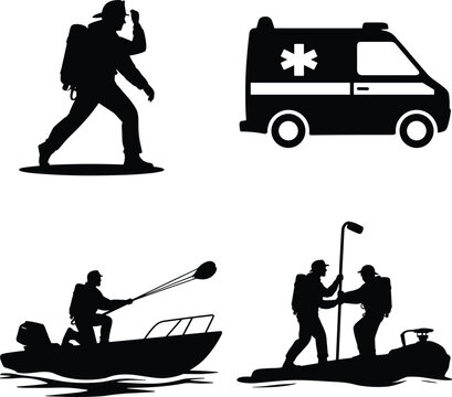 Black silhouettes of people in various emergency and rescue situations