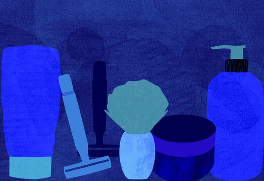 Men's skin care products illustrating shaving, skin and hair products