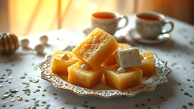 Golden jalebi and white barfi on festive plate, edible confetti, chai cup, Pakistani sweets celebration concept for Independence Day.