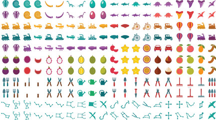 Mega Set of Pixel Art Game Assets Featuring Dinosaurs, Vintage Vehicles, Exotic Fruits, Gardening Tools, and Night Sky Constellations © MstRakha
