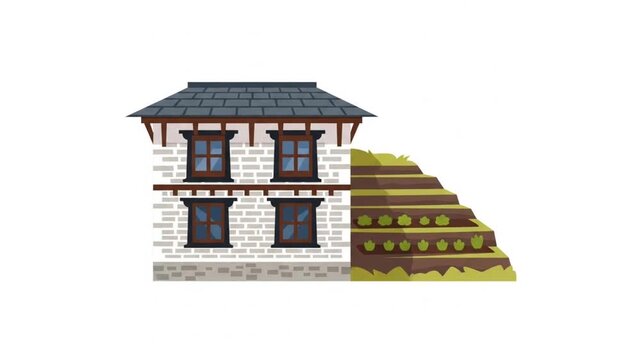 Traditional Himalayan Village Stone House with Terraced Garden