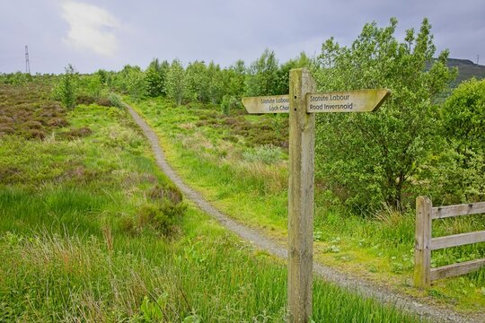 Inersnaid Loch Chon, way marker signage, Loch Lomond and Trossachs National Park, Scotland