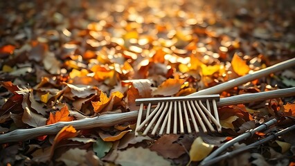 Obraz premium Autumn leaf pile in a garden with a wooden rake nearby, illuminated by golden afternoon light.
