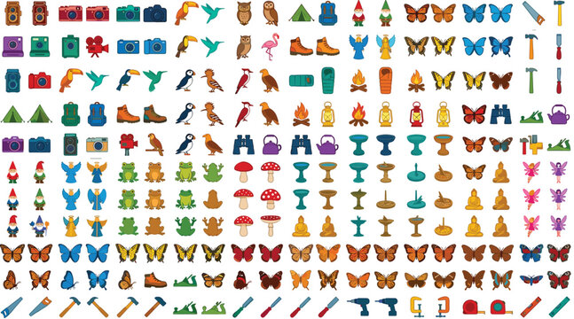 Mega Set of Outdoor Adventure and Nature Camping Icons Featuring Butterflies Owls Cameras and Hand Tools