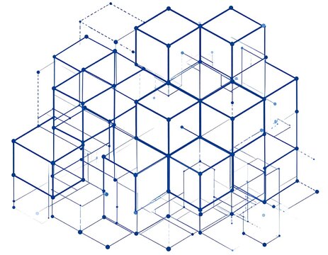 A 3D geometric structure composed of interconnected blue cubes and lines on a white background