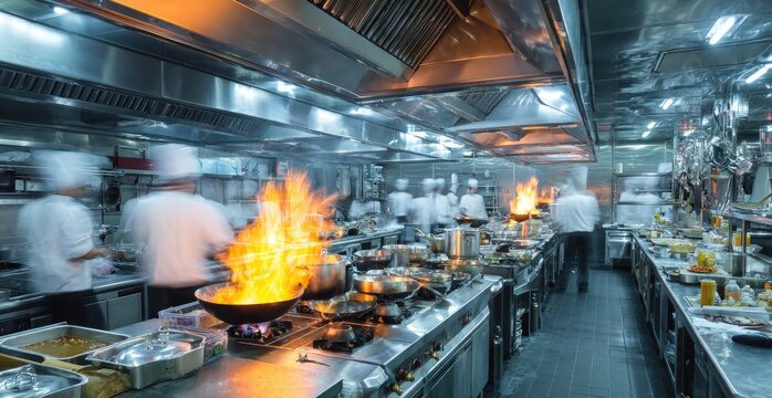 Busy professional kitchen with chefs cooking with open flames