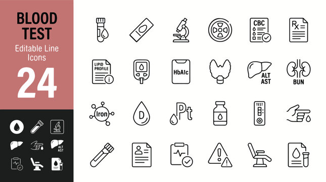 Blood Test and Medical Laboratory Line Editable Icons set. Vector illustration in modern thin line style of clinical diagnostic icons: CBC, lipid profile, glucose, HbA1c, liver, kidney, and iron.