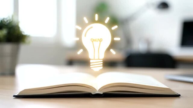 Inspiration lightbulb over open book.
