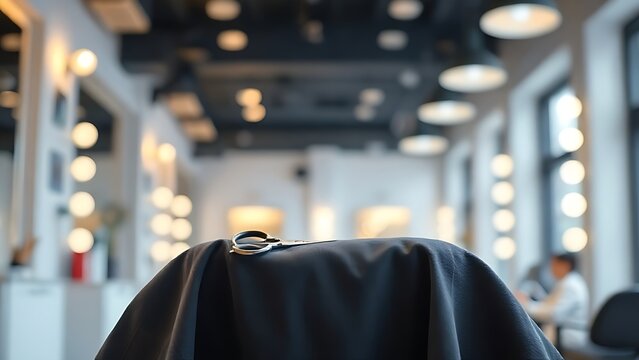Hair salon setup with scissors and cape ready for client service.
