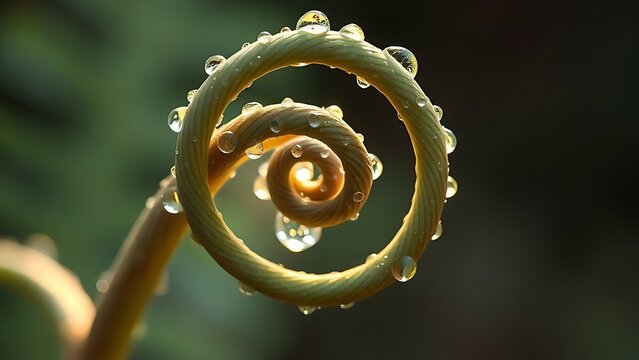 Silver fern frond unfurling with morning dew, new life.