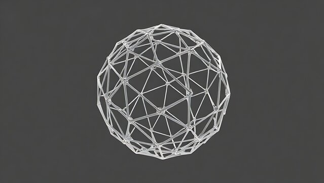 White wireframe model of a sphere made of interlocking geometric modules on a dark grey background.