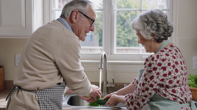 Elderly senior couple happily washing vegetables together in the kitchen