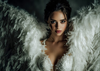 Obraz premium A woman in a white lace dress stands with large feather wings on a dark background. The front facing portrait is centered.