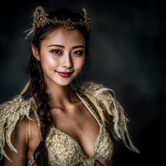 Obraz premium A woman in a white lace dress stands with large feather wings on a dark background. The front facing portrait is centered.