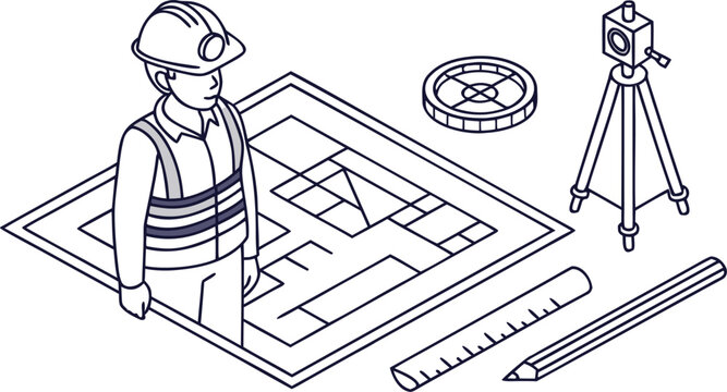 Isometric construction engineer with blueprint, theodolite, ruler, and pencil