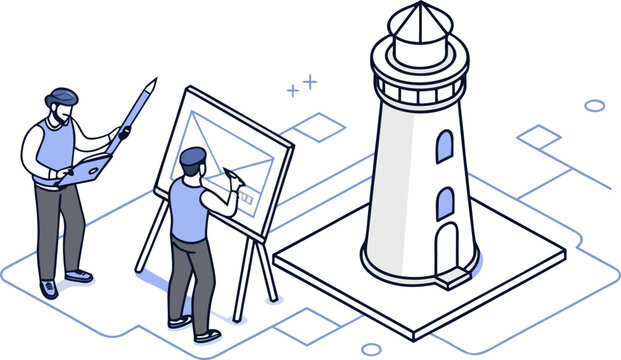 Two engineers sketching a lighthouse on a digital canvas, isometric