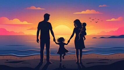 Obraz premium Silhouette of a happy family with two children walking on a beach at vibrant sunset symbolizing love togetherness and cherished vacation memories