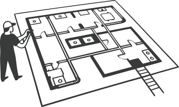 Worker examining office floor plan with electrical wiring schematic