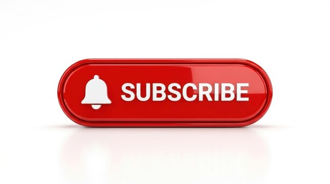 Glossy red 3D subscribe button with white notification bell icon isolated on white background