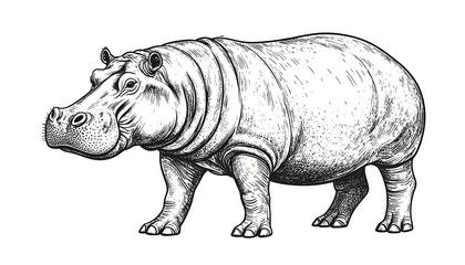 Fototapeta premium A black and white illustration of a large hippopotamus standing still