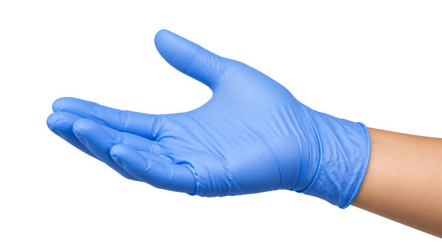 Hand wearing blue medical glove isolated on transparent background
