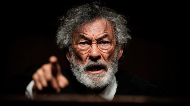 Angry judge yelling and pointing, justice and punishment, prosecution in court, humane court, European Court. High quality