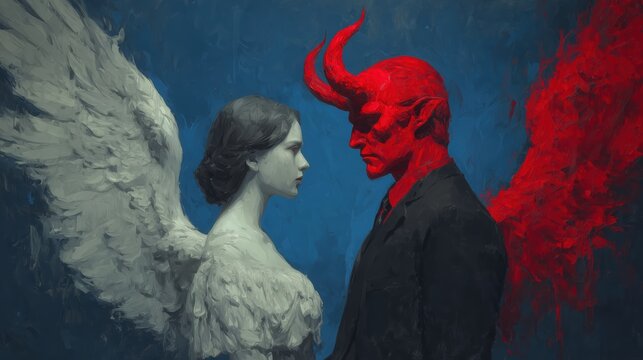 An angel and a demon in the body of a man and a woman, good and evil, good and bad. The concept of goodness and evil in one person, Husband and wife are finger and thumb. One bone, one flesh. High qua