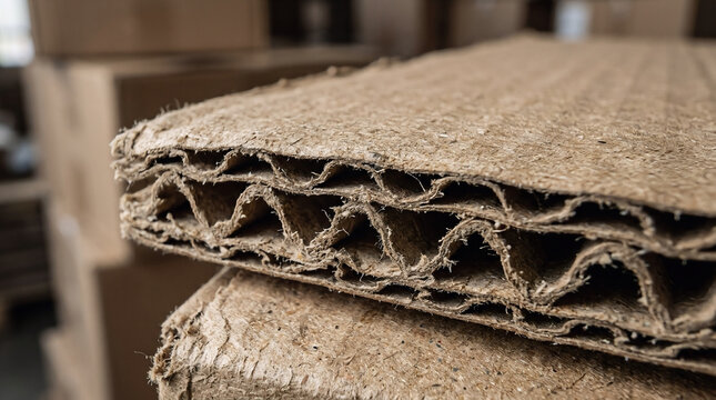 Cross section view of heavy duty triple layered corrugated cardboard showing interior waves