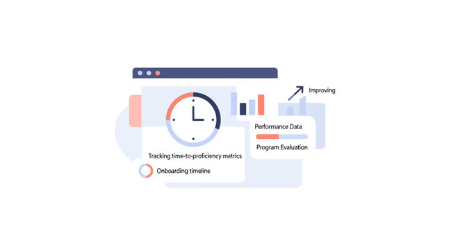 Business analytics dashboard with clock, charts, and progress bars, concept of time management and efficiency