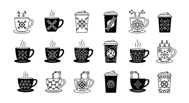 Set of science technology and innovation themed coffee cups and to go cups with molecular dna and network graphics