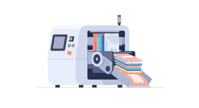 Automated book binding machine producing finished books on a conveyor belt