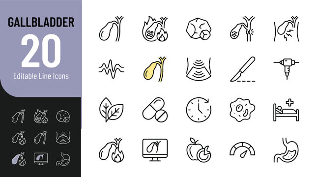 Gallbladder and Digestive System Line Editable Icons Set. Vector illustration in modern thin line style of cholecystitis, gallstones, biliary tract, ultrasound, cholecystectomy, and surgery icons.