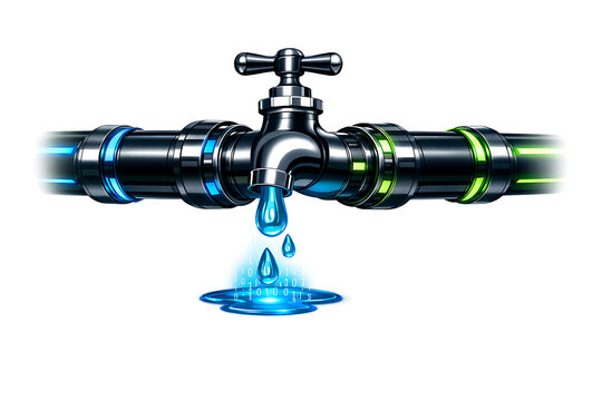 Digital water faucet dripping binary code data stream illustration transparent background