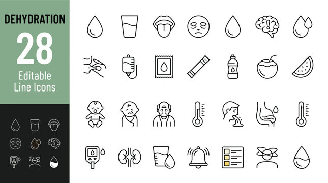 Dehydration and Hydration Line Editable Icons set. Vector illustration in modern thin line style of medical health symptoms: dry mouth, dizziness, kidney, iv bag, water intake, fever, electrolyte.