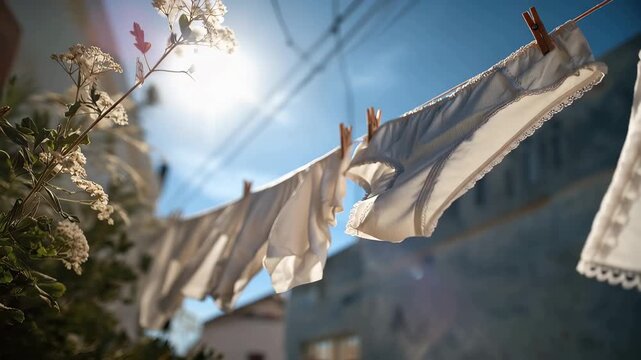 Clothes drying on a line under the sun in an outdoor setting with a clear sky and clothesline