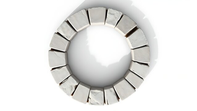 Perfect stone circle with large missing segment against plain background, minimalist composition.