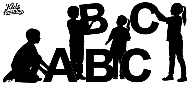 Children learning alphabet silhouette with large abc letters