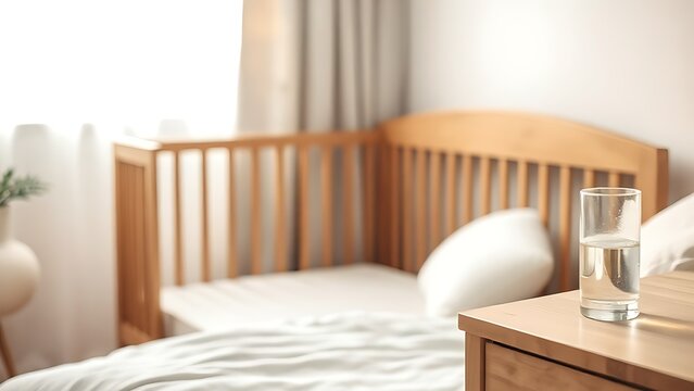 A serene bedroom with an empty wooden crib and a pregnancy pillow.