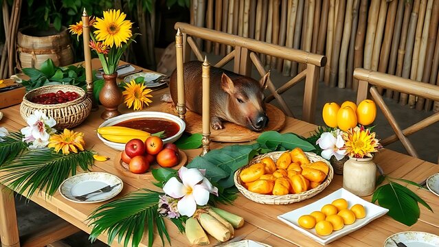Bamboo table laden with roasted pig and tropical fruits, floral accents, natural light feast.