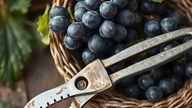 Worn pruning shears beside a basket of freshly picked purple grapes with bloom.