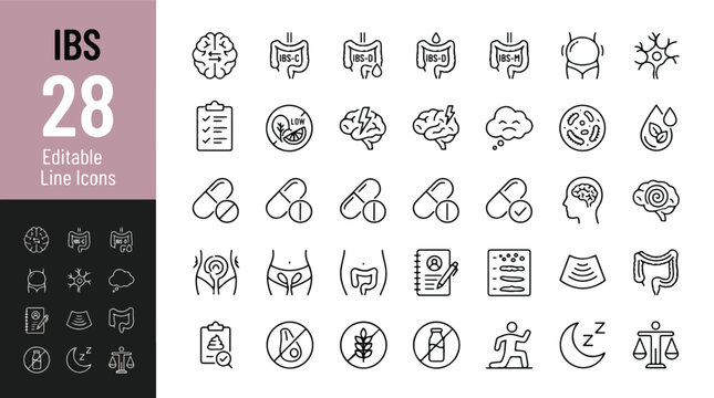 IBS Irritable Bowel Syndrome Line Editable Icons Set. Vector illustration in modern thin line style of digestive health icons: gut microbiome, bloating, constipation, diarrhea, diet, food, medicine