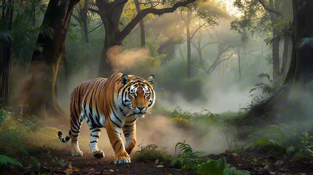 bengal tiger emerging from morning mist within pristine forest habitat with a cinematic wildlife documentary style and large empty space