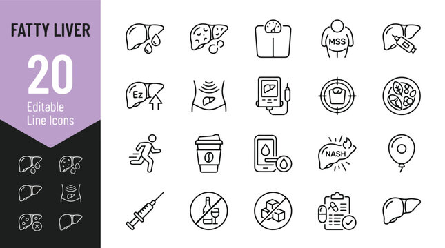 Fatty Liver and Hepatic Disease Line Editable Icons set. Vector illustration in modern thin line style of medical diagnosis, treatment, and lifestyle icons: NASH, biopsy, diet, weight, cirrhosis
