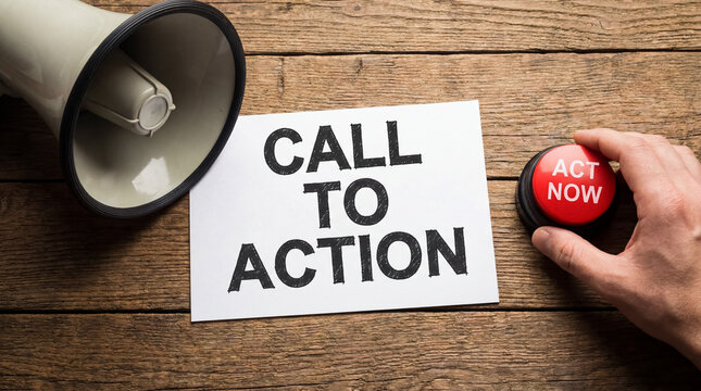Call to action concept with hand pressing act now button, megaphone and clear message for marketing strategy