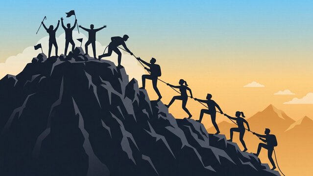 Silhouette illustration of a team climbing a mountain demonstrating collaboration and leadership towards a shared goal and success