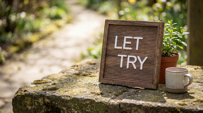 Let try message board encouraging effort and optimism for a new beginning on a garden path