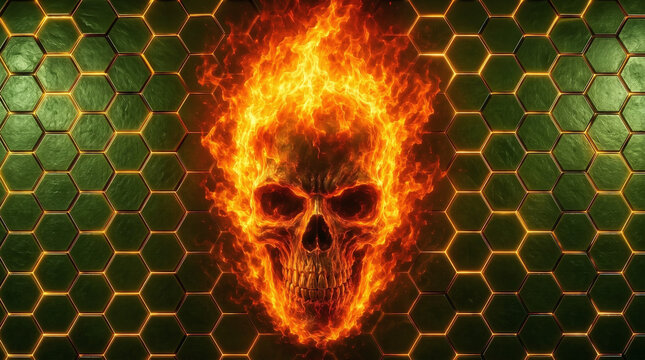 Burning human skull on green hexagonal grid background